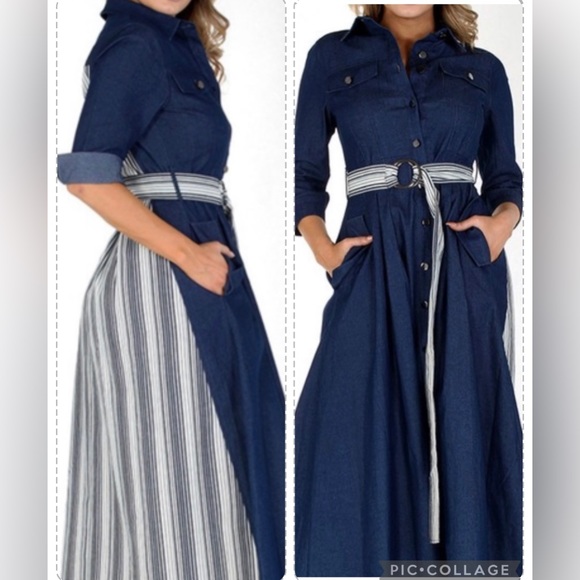 Eien Dresses & Skirts - NWOT Eien 2XL Blue Denim Button Up Striped Back Maxi Shirt Dress Side Pockets